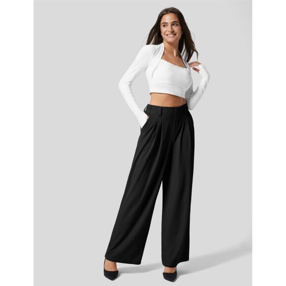 Halara High Waisted Wide Leg Waffle Casual Pants Sz Medium Womens Black Plicated - Picture 6 of 10